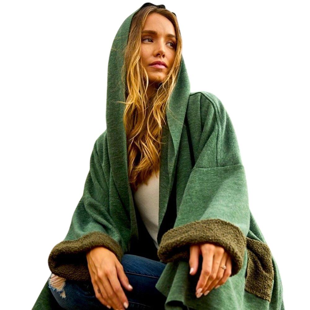 Oversized Stunning Chic Multi Fabric Green Hooded Cardigan, Size M New w/ Tag